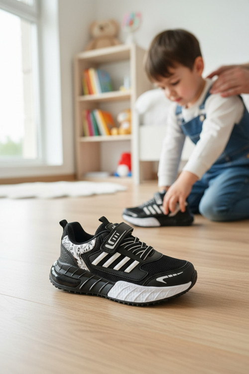 Ortopedik Üç Şerit Detaylı Ve Desenli Çocuk Spor Ayakkabı
