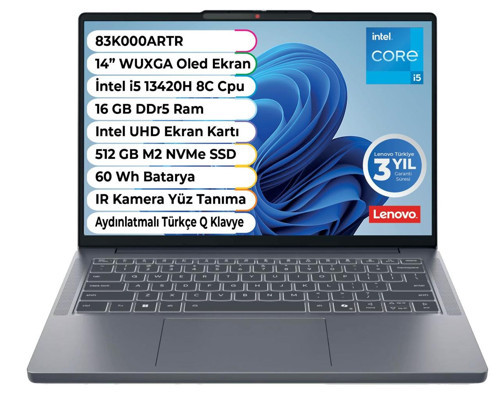 IDEAPAD Slim 3 14IRH10 Intel Core i5 13420H 16 GB 512 GB SSD Freedos 14 Inç IPS 83K000ARTR