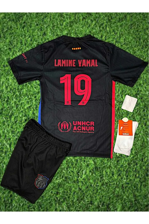 Lamine Yamal Siyah Barcelona.4 Lü Set Çocuk Futbol Forması Forma+Şort (Çorap+Bileklik)