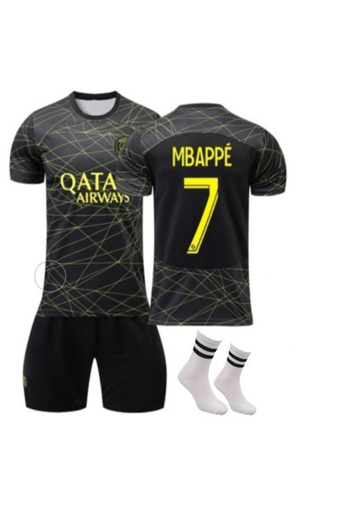 Siyah Paris K. Mbappe 7 Numara Çocuk Forma Takımı 3'Lü Set Çorap Hediyeli Onrr-011