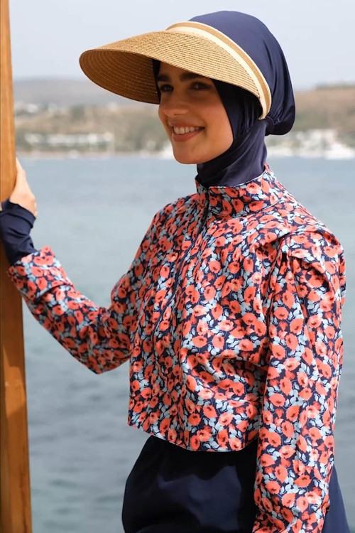 Esila Çiçek Desenli Kırmızı Lacivert Jileli Tam Tesettür Mayo Üstü 2934