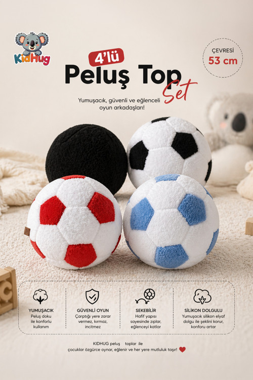 Peluş Futbol Topu 4'lü Set – Yumuşak Silikon Dolgulu Çocuk Oyun Topu | Siyah / Siyah-Beyaz / Kırmızı-Beyaz / Mavi-Beyaz | 53 cm