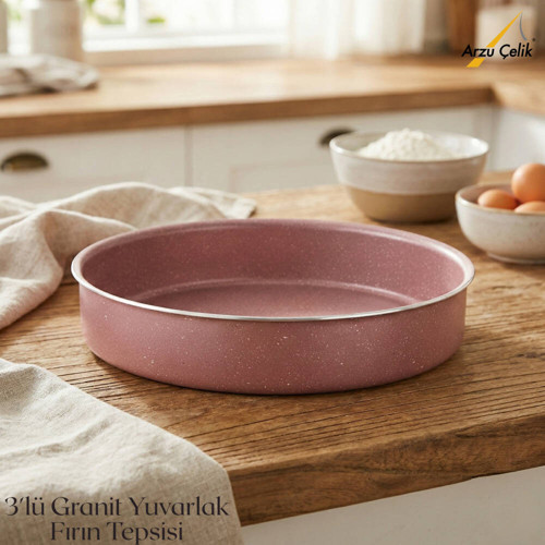 3lü Granit Yuvarlak Fırın Tepsisi Seti - Pembe