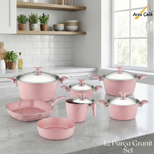 12 Parça Granit Set Çelik Kapak - Pembe