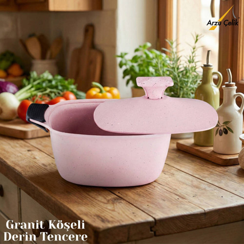 20 Cm Granit Köşeli Derin Tencere Alüminyum Kapak - Pembe