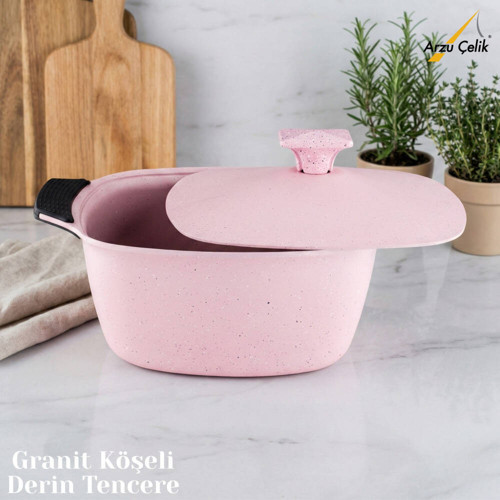 22 Cm Granit Köşeli Derin Tencere Alüminyum Kapak - Pembe