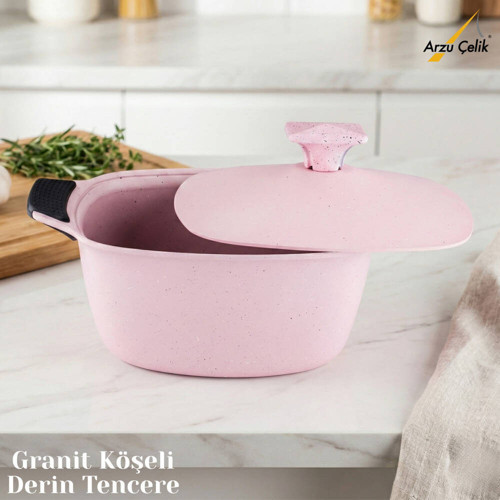 24 Cm Granit Köşeli Derin Tencere Alüminyum Kapak - Pembe