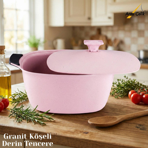28 Cm Granit Köşeli Derin Tencere Alüminyum Kapak - Pembe