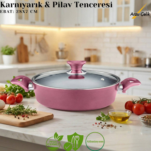 28 Cm Granit Karnıyarık & Pilav Tenceresi Cam Kapak - Mürdüm
