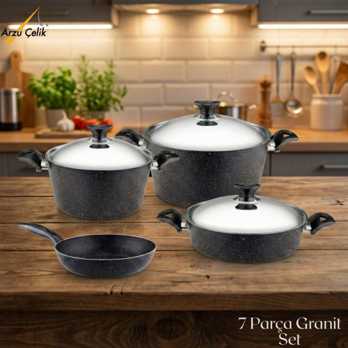 7 Parça Granit Set Çelik Kapak - Siyah