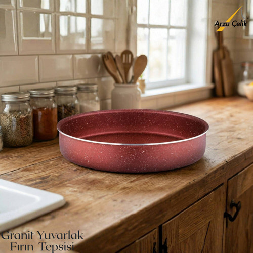 30 Cm Granit Yuvarlak Fırın Tepsisi - Kırmızı