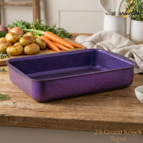 2li Granit Köşeli Tepsi Seti - Violet
