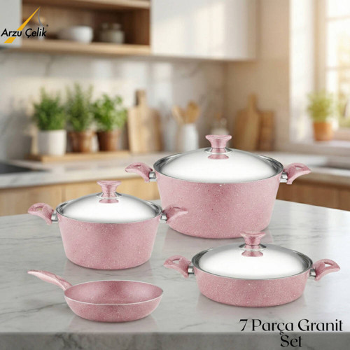 7 Parça Granit Set Çelik Kapak - Pembe