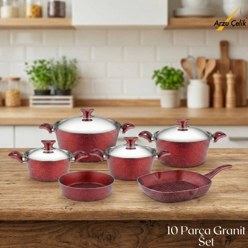 10 Parça Granit Set Çelik Kapak - Kırmızı
