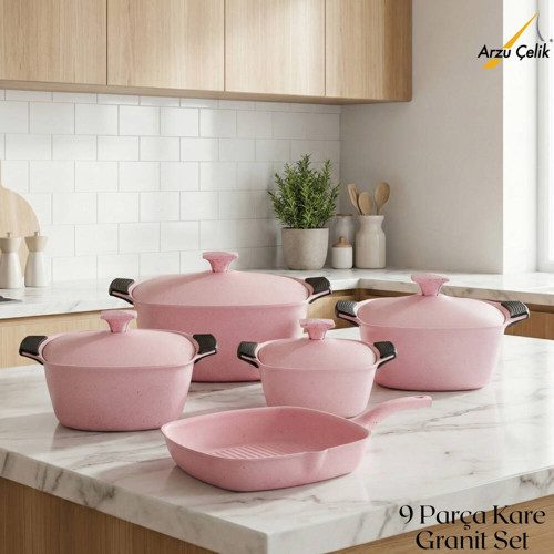 9 Parça Kare Granit Set Alüminyum Kapak - Pembe