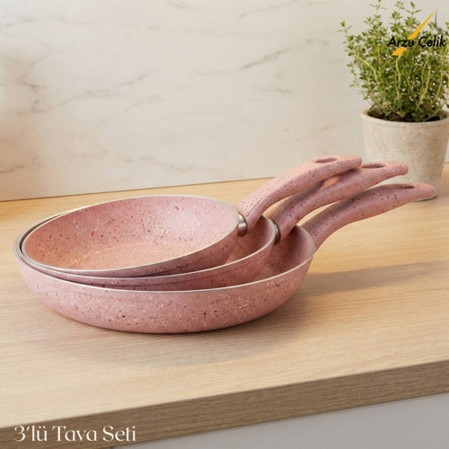 3lü Granit Tek Saplı Tava Seti - Pembe