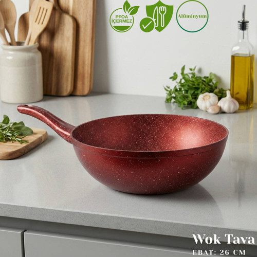 26 Cm Granit Wok Tava - Kırmızı