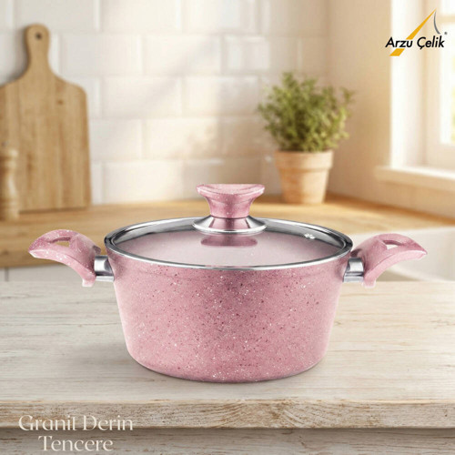 24 Cm Granit Derin Tencere Cam Kapak - Pembe