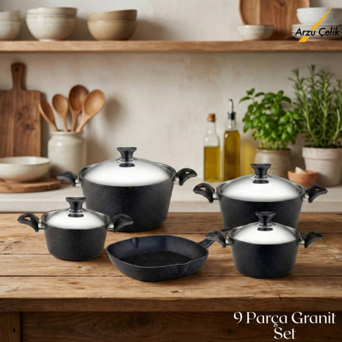 9 Parça Granit Set Çelik Kapak - Siyah