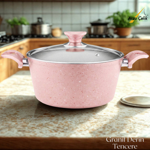 28 Cm Granit Derin Tencere Cam Kapak - Pembe