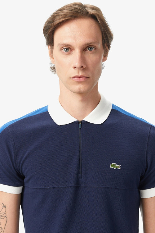 Men's Regular Fit Zippered Polo T-shirt Erkek Fermuarlı Polo Yaka Renk Bloklu Tişört Lacivert