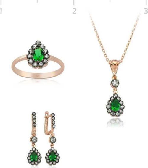 Gümüş Yeşil Taşlı Damla Bayan Set