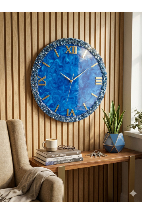 Duvar Saati - 35 Cm-Modern Dekoratif Mavi Tasarım-Epoksi Duvar Saati-El Yapımı