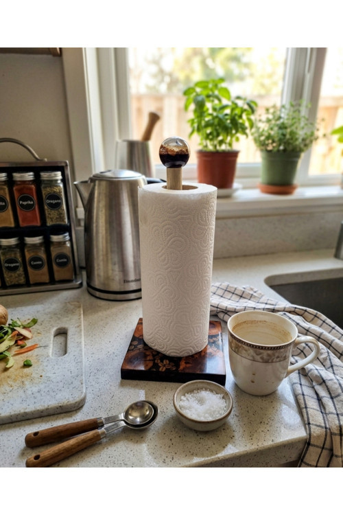 Modern Epoksi Kağıt Havluluk - Gerçek Kahve Çekirdekli & Badem Ağacı Masif Tabanlı Stand