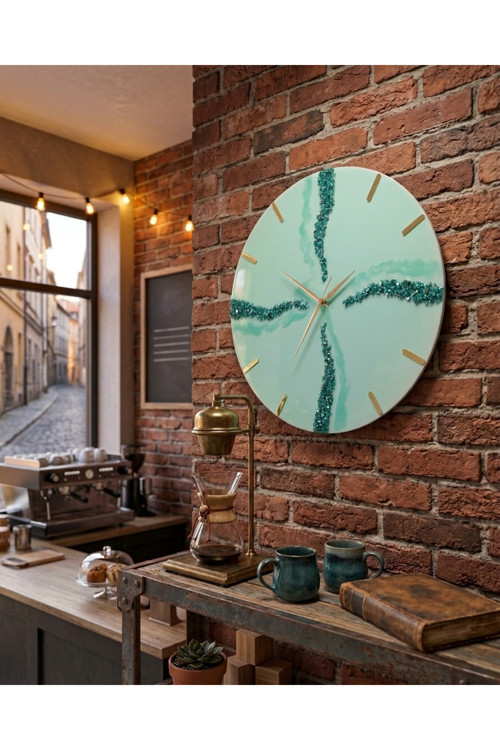 Duvar Saat -35 Cm-Modern Turkuaz Duvar Saati-El Yapım Dekoratif Epoksi Duvar Saati