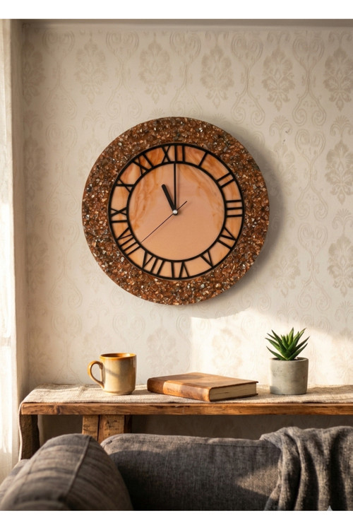 Duvar Saati -35 Cm-Modern Kahverengi Tasarım-Epoksi Duvar Saati-El Yapımı Dekoratif