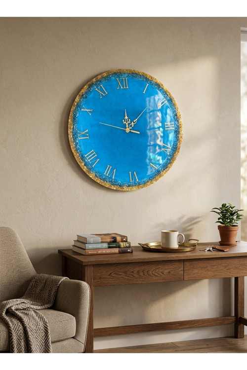 Duvar Saati- 35 Cm-Şık Mavi Ve Gold Duvar Saati-El Yapımı Epoksi Duvar Saati