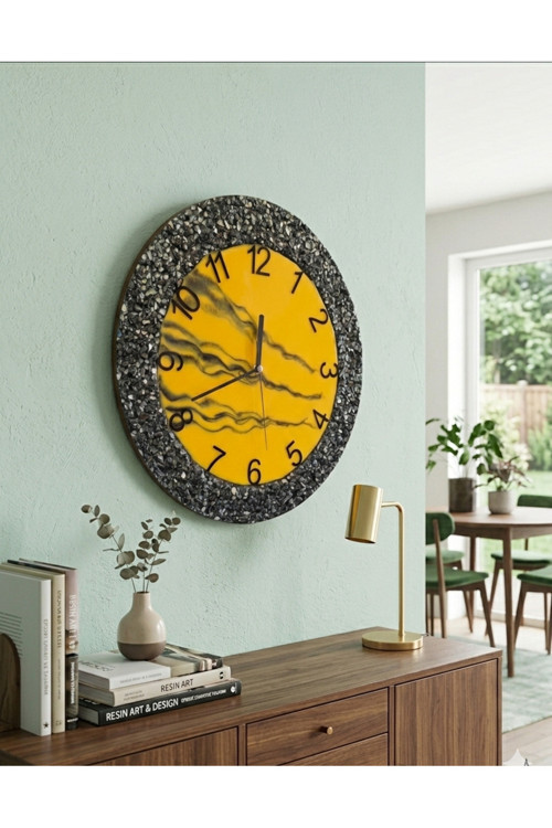 Duvar Saati 35 Cm-Şık Sarı Ve Siyah Tasarım-Epoxy Taşlı Dekoratif Saat