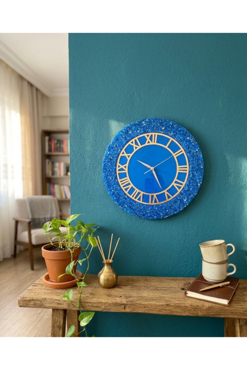 Duvar Saati - 35Cm - Modern Dekoratif - Epoksi Duvar Saati - El Yapımı Mavi+Gold Duvar Saati