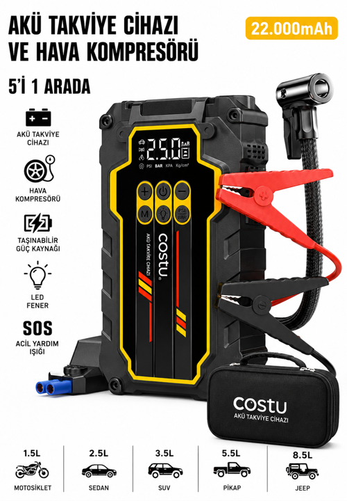Castu Cs80 Plus Max Akü Takviye Cihazı 22.000 mAh | 4'ü 1 Arada Powerbank, Hava Kompresörü, LCD Ekran,150PSI