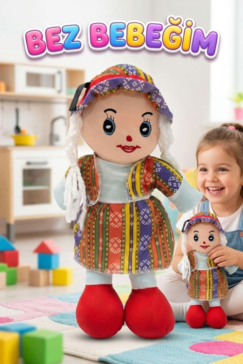 Yöresel Oyun Arkadaşım! Büyük 45cm Yöresel Elbiseli ve Şapkalı El Yapımı Oyuncak Bez Bebek KIRMIZI