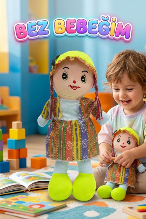 Yöresel Oyun Arkadaşım! Büyük 45cm Yöresel Elbiseli ve Şapkalı El Yapımı Oyuncak Bez Bebek YEŞİL