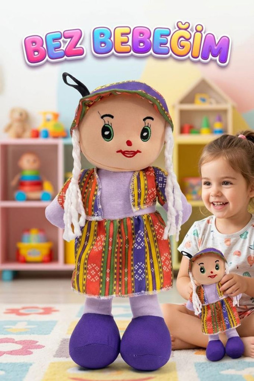 Yöresel Oyun Arkadaşım! Büyük 45cm Yöresel Elbiseli ve Şapkalı El Yapımı Oyuncak Bez Bebek MOR