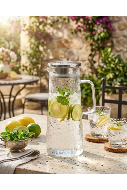 Isıya Dayanıklı Vakumlu Çelik Kapaklı Borosilikat Cam Sürahi 1,3 Lt