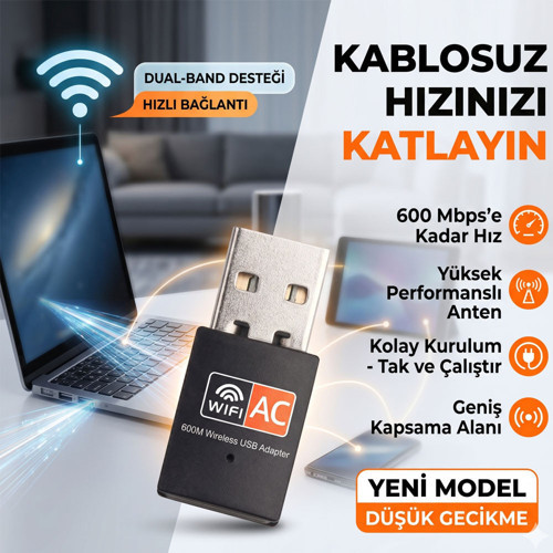 600 Mbps USB WiFi Adaptörü – Kablosuz İnternet Güçlendirici Tak Çalıştır Mini Dongle