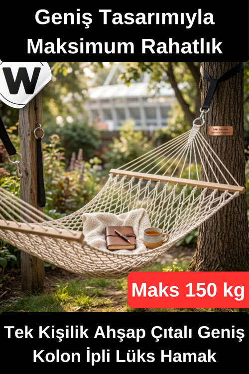 #Hamak Tek Kişilik Lüks Hamak Taşıma Kapasiteli Dayanıklı Ahşap Çıtalı Geniş Kolon İpli Renkli Bahçe