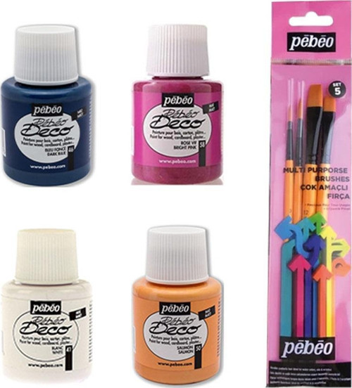 Deco Likit Akrilik Boya 110ML Şişe 4'Lü Set + Fırça Set 5