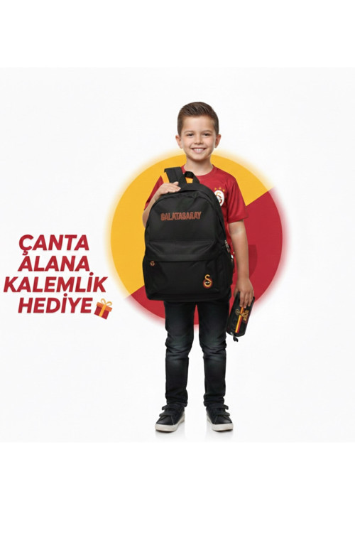 Lisanslı Siyah Okul Çantası Yanında Aslan Logolu Kalemlik Hediyeli