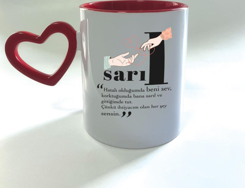 Sarıl Baskılı Kırmızı Boş Kalp Kulplu Mega Kupa