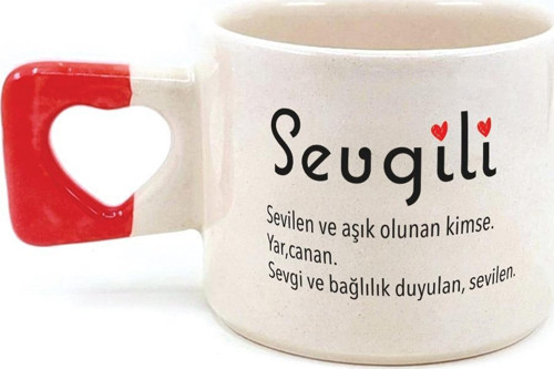 Sevgili Baskılı Kırmızı Kulplu Kalp Kupa