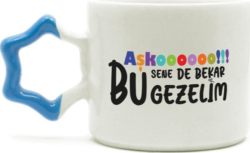 Aşkoooooo Baskılı Mavi Kulplu Yıldız Kupa