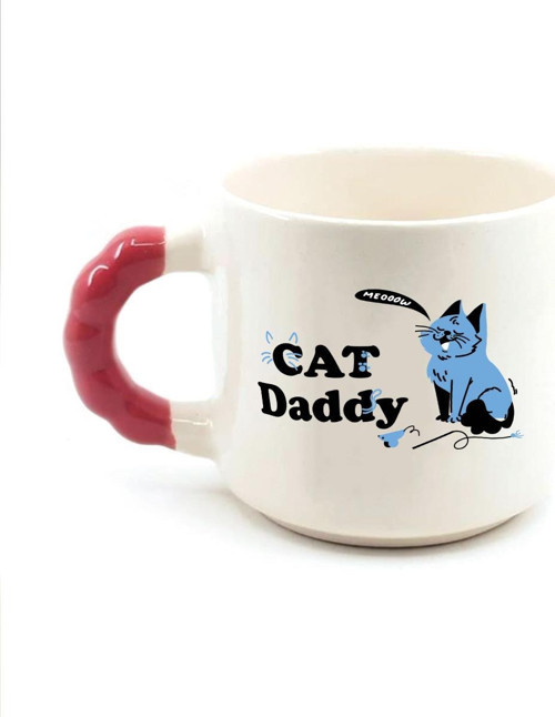 Cat Daddy Baskılı Kırmızı Kulplu Boncuk Kupa