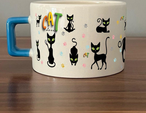 Cat Love Baskılı Mavi Kulplu C Fincan