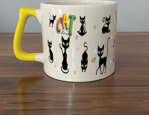 Cat Love Baskılı Sarı Kulplu D Kupa