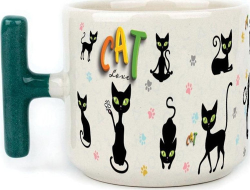 Cat Love Baskılı Yeşil Kulplu T Kupa