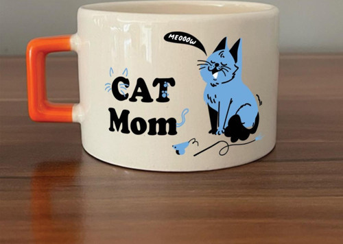 Cat Mom Baskılı Turuncu Kulplu C Fincan